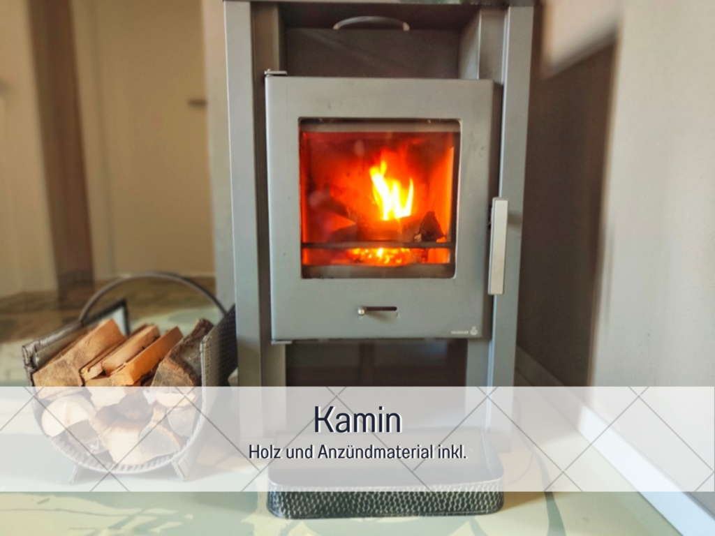 Ein moderner Kaminofen mit brennendem Feuer, daneben ein Korb mit Brennholz.