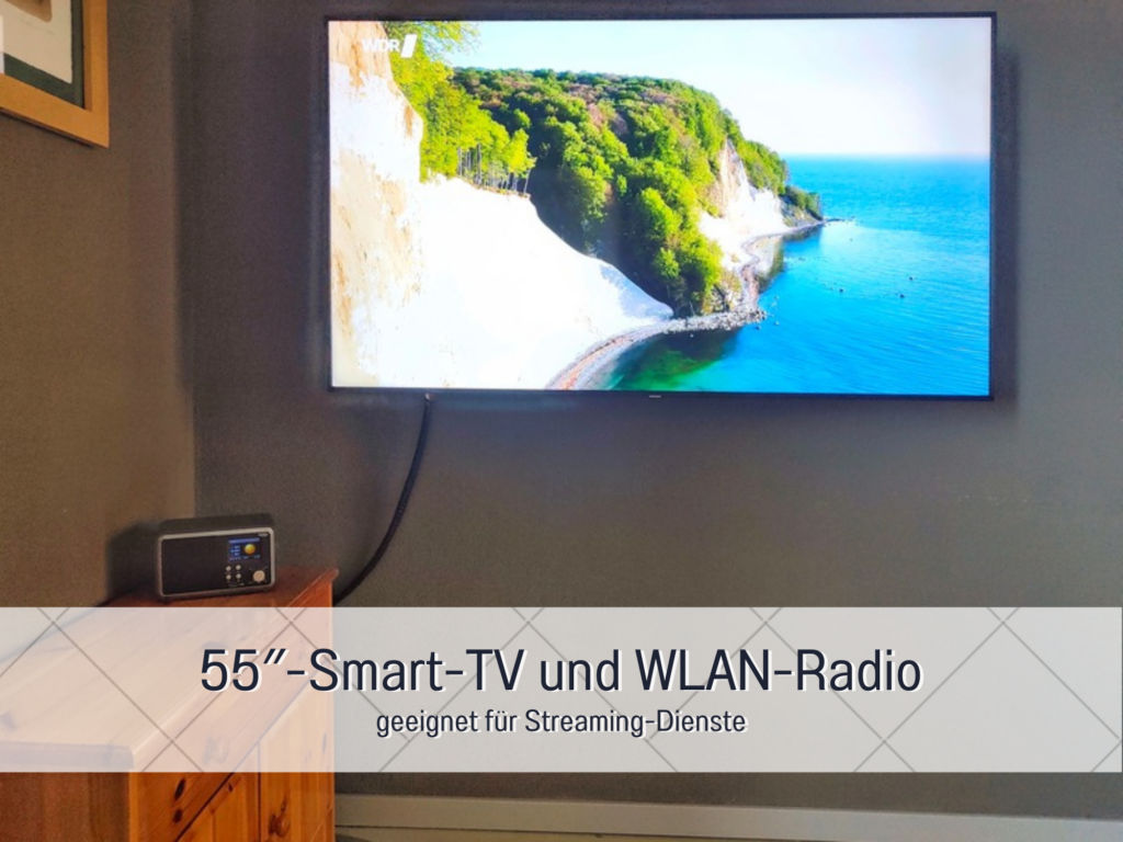 Ein an der Wand montierter Smart-TV, der eine Küstenlandschaft zeigt, mit einem kleinen Radio auf der Kommode.