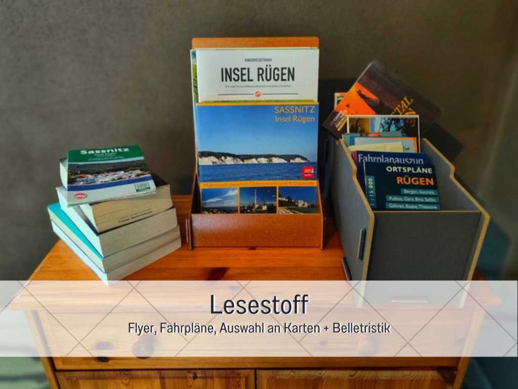 Eine Auswahl an Reiseführern, Landkarten und Romanen auf einer Holzkommode.