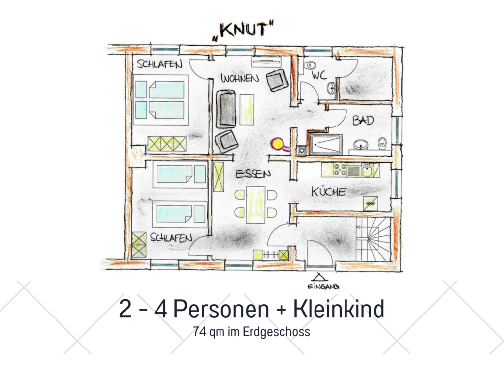 Handgezeichneter Grundriss der Ferienwohnung "KNUT" mit Wohn-, Ess-, Schlaf- und Badezimmern.