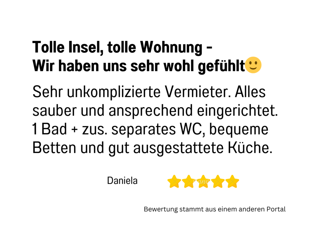 Kundenbewertung mit 5 Sternen über eine Ferienwohnung, die als sauber und gut ausgestattet beschrieben wird.